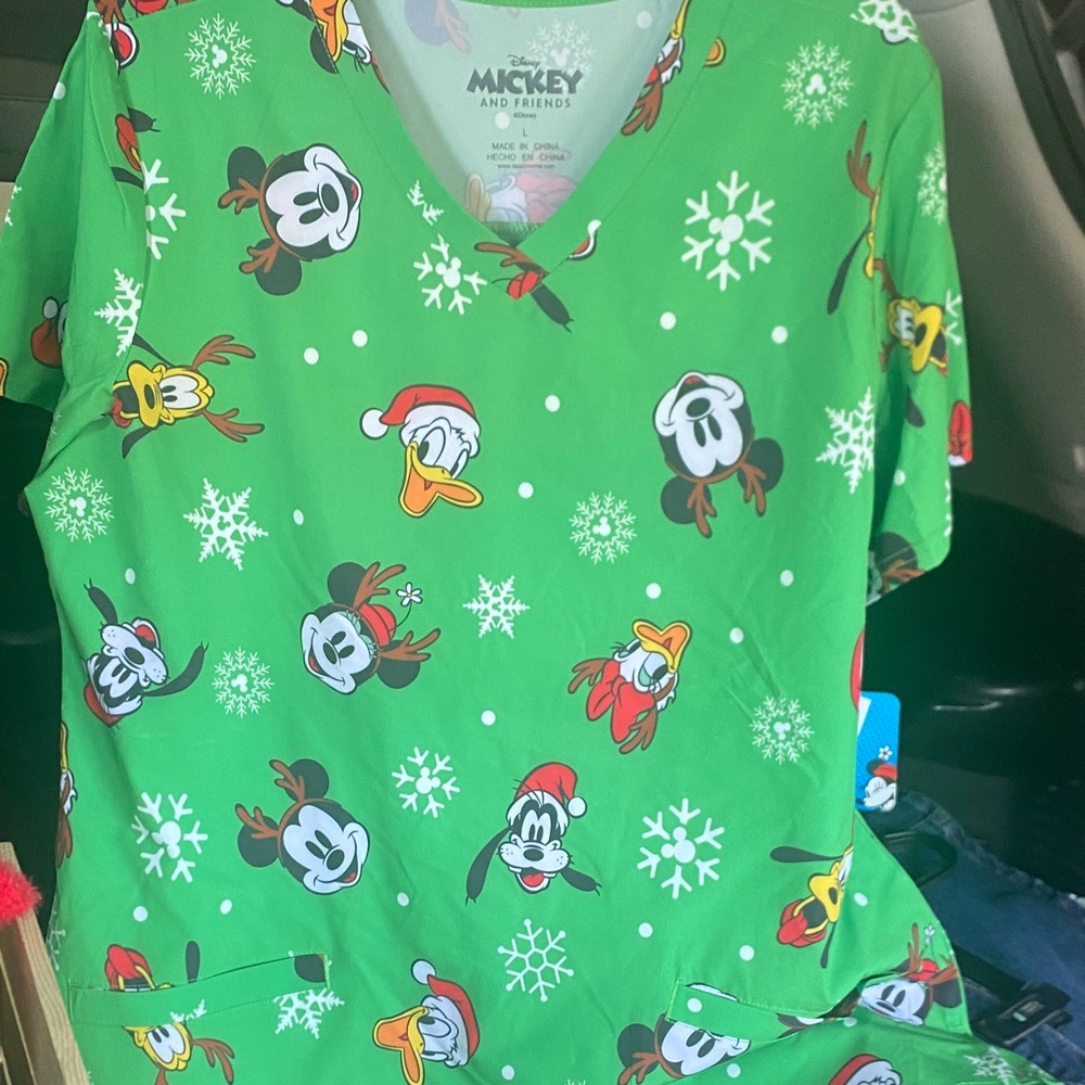 Disney Green Scrub Top with Mickey and Friends